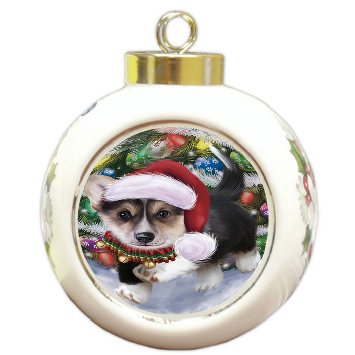 Trotting in the Snow Corgi Dog Round Ball Christmas Ornament RBPOR54695