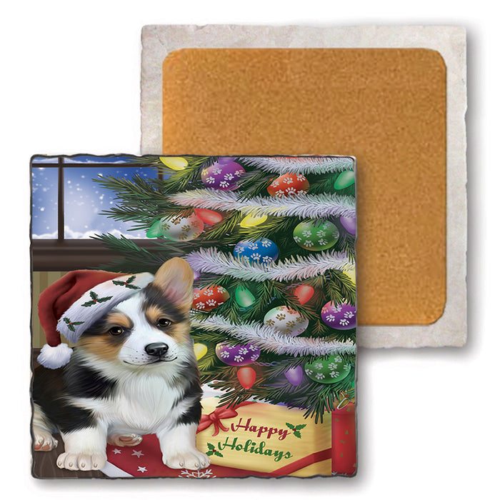 Christmas Happy Holidays Corgi Dog with Tree and Presents Set of 4 Natural Stone Marble Tile Coasters MCST48827