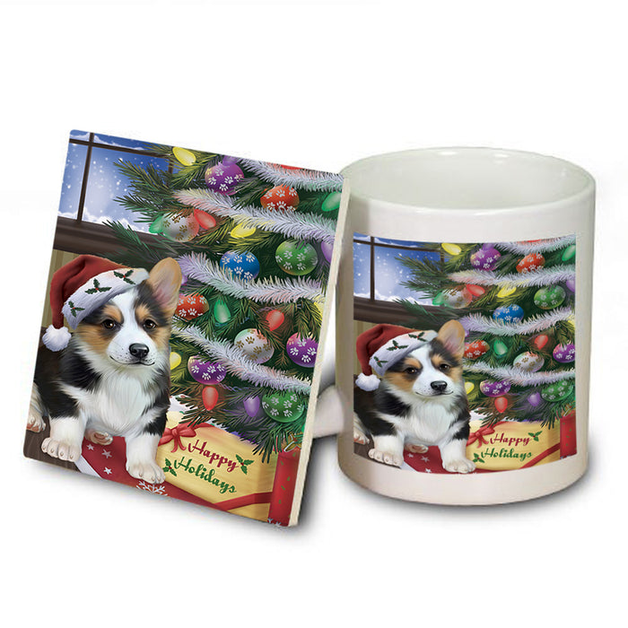 Christmas Happy Holidays Corgi Dog with Tree and Presents Mug and Coaster Set MUC53819