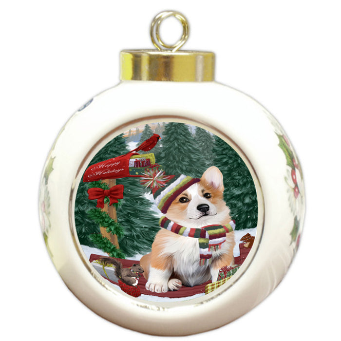 Merry Christmas Woodland Sled Corgi Dog Round Ball Christmas Ornament RBPOR55275