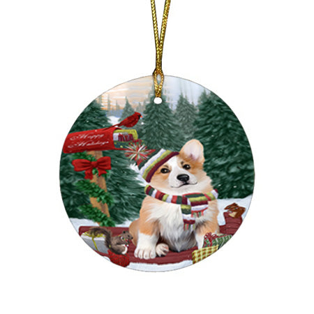 Merry Christmas Woodland Sled Corgi Dog Round Flat Christmas Ornament RFPOR55275