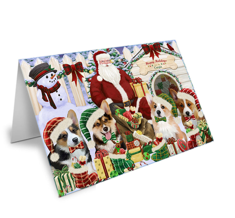 Happy Holidays Christmas Corgis Dog House Gathering Handmade Artwork Assorted Pets Greeting Cards and Note Cards with Envelopes for All Occasions and Holiday Seasons GCD58373