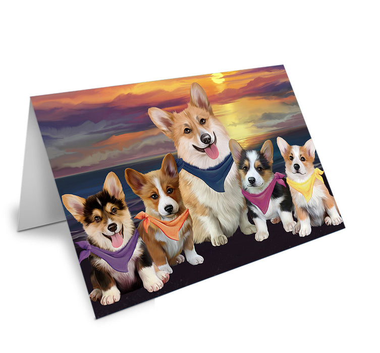 Family Sunset Portrait Corgis Dog Handmade Artwork Assorted Pets Greeting Cards and Note Cards with Envelopes for All Occasions and Holiday Seasons GCD54782