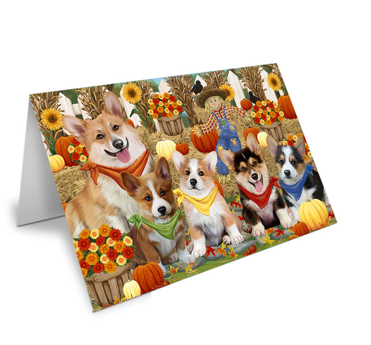 Fall Festive Gathering Corgis Dog with Pumpkins Handmade Artwork Assorted Pets Greeting Cards and Note Cards with Envelopes for All Occasions and Holiday Seasons GCD55946
