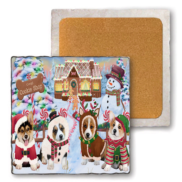 Holiday Gingerbread Cookie Shop Corgis Dog Set of 4 Natural Stone Marble Tile Coasters MCST51396