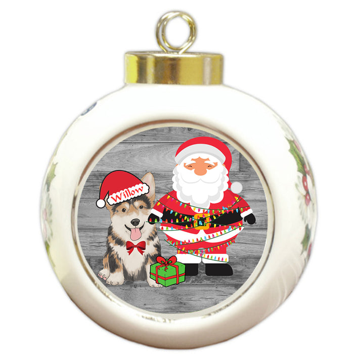 Custom Personalized Corgi Dog With Santa Wrapped in Light Christmas Round Ball Ornament