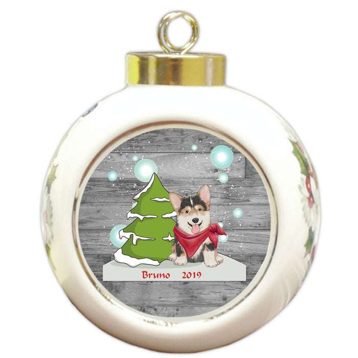 Custom Personalized Winter Scenic Tree and Presents Corgi Dog Christmas Round Ball Ornament