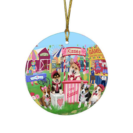 Carnival Kissing Booth Corgis Dog Round Flat Christmas Ornament RFPOR56187