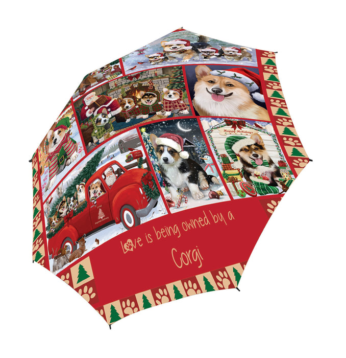 Love is Being Owned Christmas Corgi Dogs Semi-Automatic Foldable Umbrella