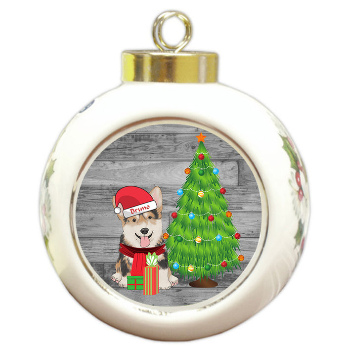 Custom Personalized Corgi Dog With Tree and Presents Christmas Round Ball Ornament