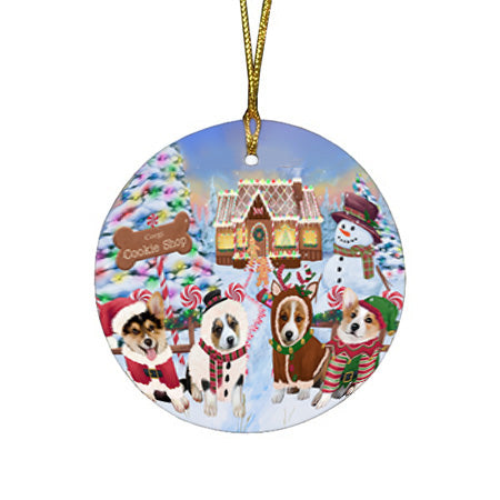Holiday Gingerbread Cookie Shop Corgis Dog Round Flat Christmas Ornament RFPOR56752