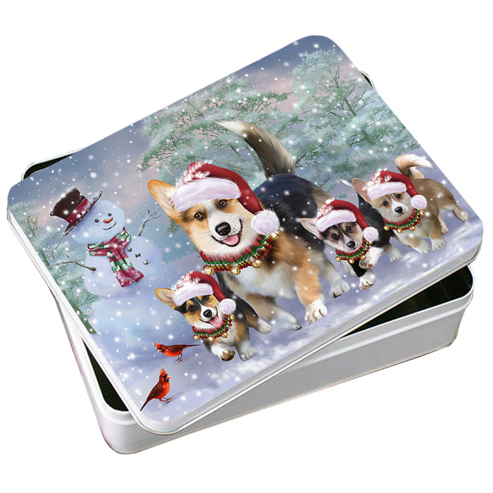 Christmas Running Family Dogs Corgis Dog Photo Storage Tin PITN54162