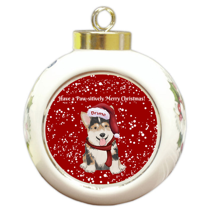 Custom Personalized Pawsitively Corgi Dog Merry Christmas Round Ball Ornament