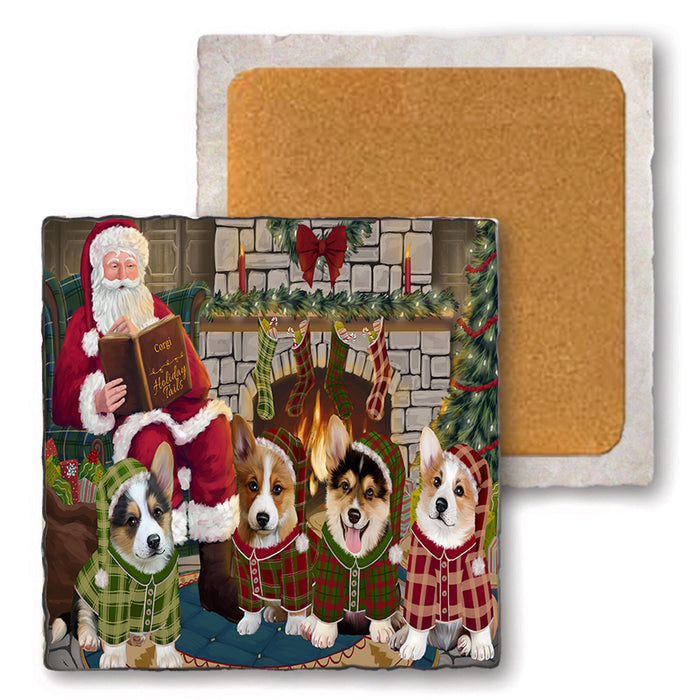 Christmas Cozy Holiday Tails Corgis Dog Set of 4 Natural Stone Marble Tile Coasters MCST50120