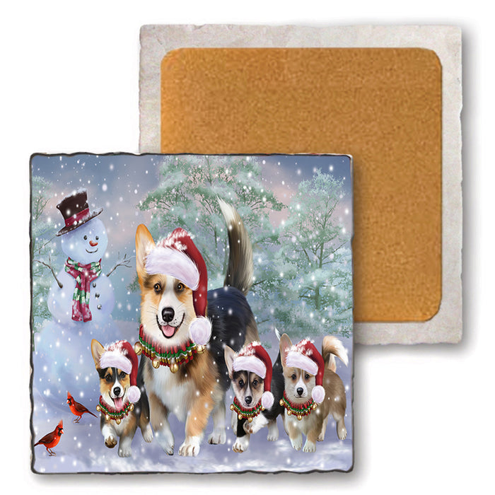 Christmas Running Family Dogs Corgis Dog Set of 4 Natural Stone Marble Tile Coasters MCST49219