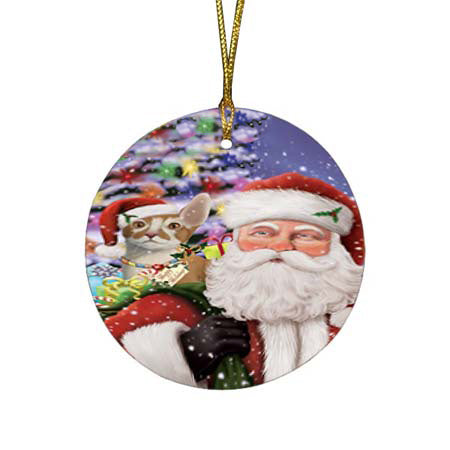 Santa Carrying Cornish Red Cat and Christmas Presents Round Flat Christmas Ornament RFPOR55860