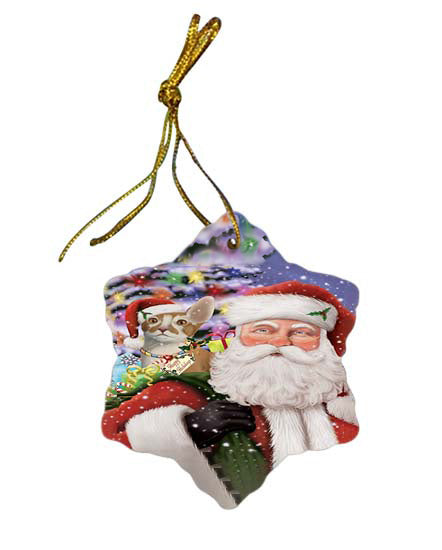 Santa Carrying Cornish Red Cat and Christmas Presents Star Porcelain Ornament SPOR55860