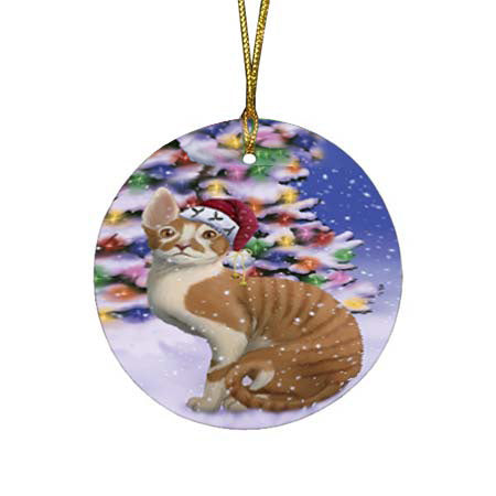 Winterland Wonderland Cornish Red Cat In Christmas Holiday Scenic Background Round Flat Christmas Ornament RFPOR56058