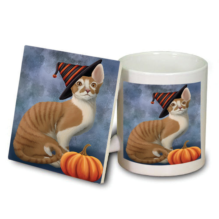 Happy Halloween Cornish Rex Wearing Witch Hat with Pumpkin Mug and Coaster Set MUC54887