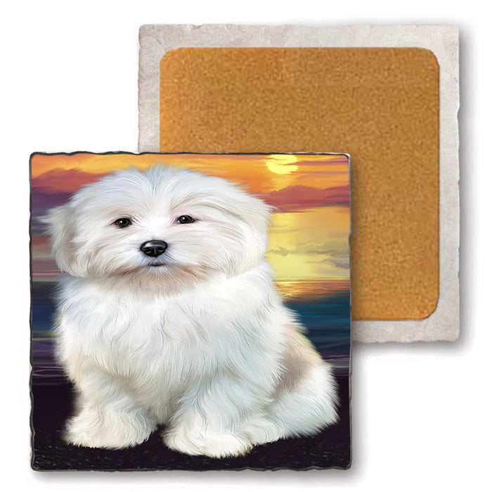 Sunset Coton De Tulear Dog Set of 4 Natural Stone Marble Tile Coasters MCST52145