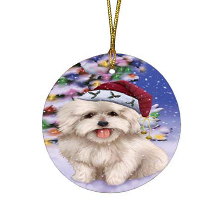 Winterland Wonderland Coton De Tulear Dog In Christmas Holiday Scenic Background Round Flat Christmas Ornament RFPOR56059