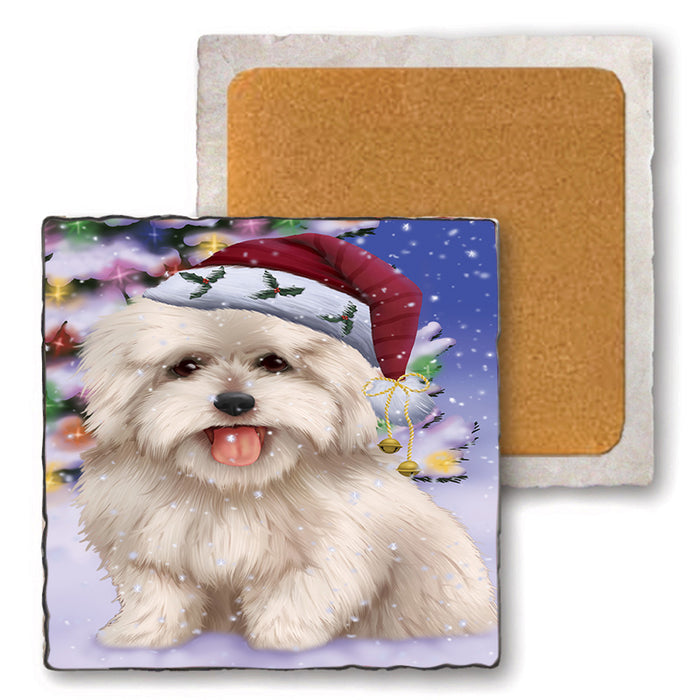 Winterland Wonderland Coton De Tulear Dog In Christmas Holiday Scenic Background Set of 4 Natural Stone Marble Tile Coasters MCST50703