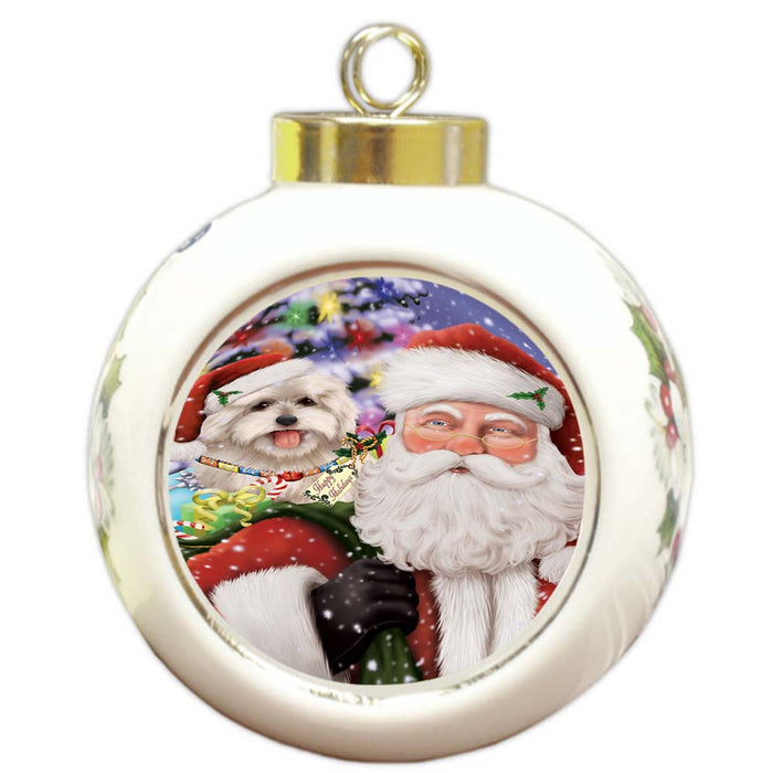 Santa Carrying Coton De Tulear Dog and Christmas Presents Round Ball Christmas Ornament RBPOR55861