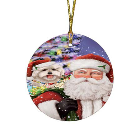 Santa Carrying Coton De Tulear Dog and Christmas Presents Round Flat Christmas Ornament RFPOR55861