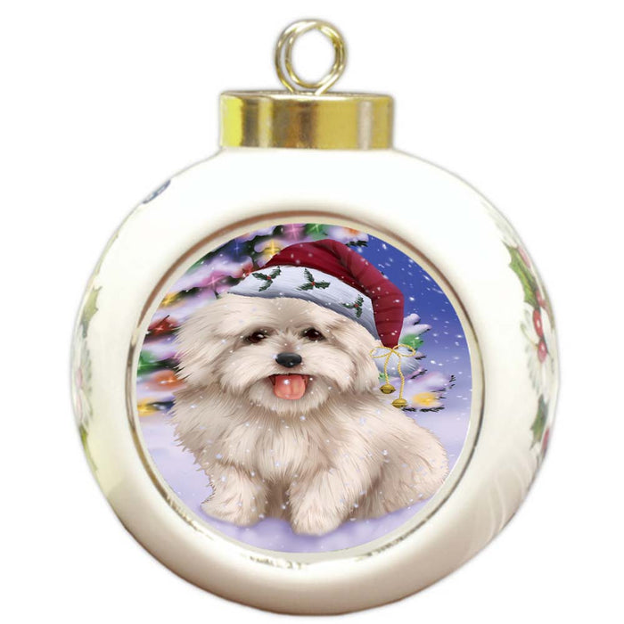 Winterland Wonderland Coton De Tulear Dog In Christmas Holiday Scenic Background Round Ball Christmas Ornament RBPOR56059