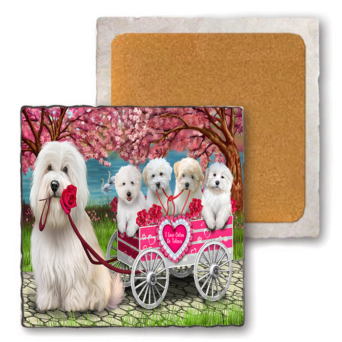 I Love Coton De Tulear Dogs in a Cart Set of 4 Natural Stone Marble Tile Coasters MCST52115