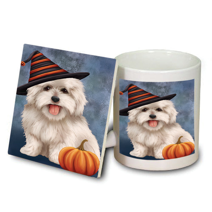 Happy Halloween Coton De Tulear Dog Wearing Witch Hat with Pumpkin Mug and Coaster Set MUC54888