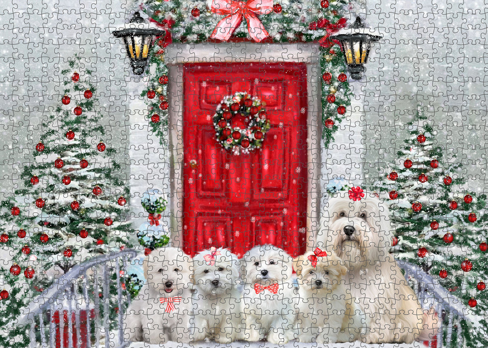 Christmas Holiday Welcome Coton De Tulear Dogs Portrait Jigsaw Puzzle for Adults Animal Interlocking Puzzle Game Unique Gift for Dog Lover's with Metal Tin Box