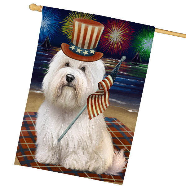 4th of July Independence Day Firework Coton De Tulear Dog House Flag Outdoor Decorative Double Sided Pet Portrait Weather Resistant Premium Quality Animal Printed Home Decorative Flags 100% Polyester FLG68846