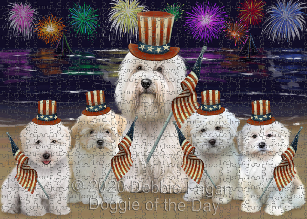 4th of July Independence Day Firework Coton De Tulear Dogs Portrait Jigsaw Puzzle for Adults Animal Interlocking Puzzle Game Unique Gift for Dog Lover's with Metal Tin Box