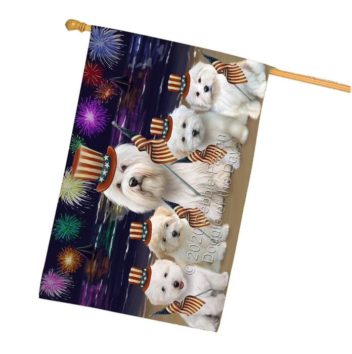 4th of July Independence Day Firework Coton De Tulear Dogs House Flag Outdoor Decorative Double Sided Pet Portrait Weather Resistant Premium Quality Animal Printed Home Decorative Flags 100% Polyester