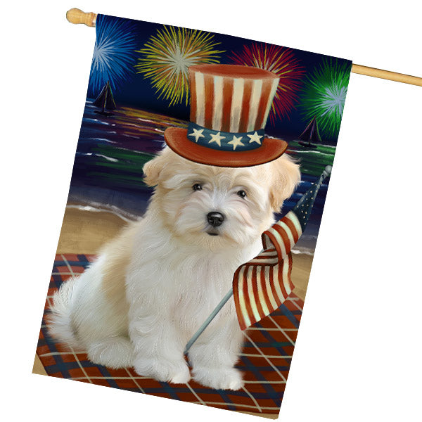 4th of July Independence Day Firework Coton De Tulear Dog House Flag Outdoor Decorative Double Sided Pet Portrait Weather Resistant Premium Quality Animal Printed Home Decorative Flags 100% Polyester FLG68847