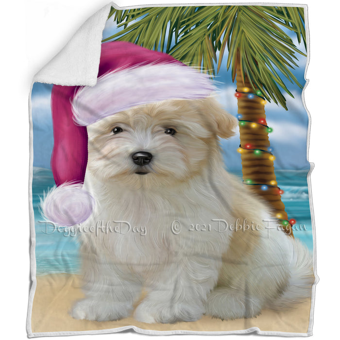 Summertime Happy Holidays Christmas Coton De Tulear Dog on Tropical Island Beach Blanket BLNKT143433