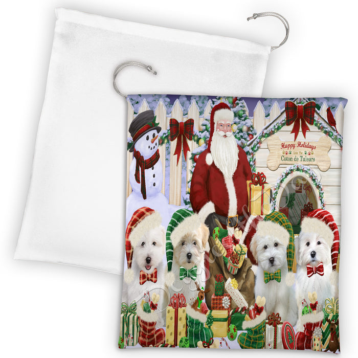 Happy Holidays Christmas Coton De Tulear Dogs House Gathering Drawstring Laundry or Gift Bag LGB48040