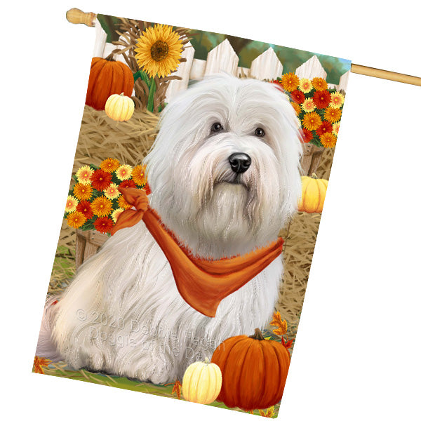 Fall Pumpkin Autumn Greeting Coton De Tulear Dog House Flag Outdoor Decorative Double Sided Pet Portrait Weather Resistant Premium Quality Animal Printed Home Decorative Flags 100% Polyester FLG69380