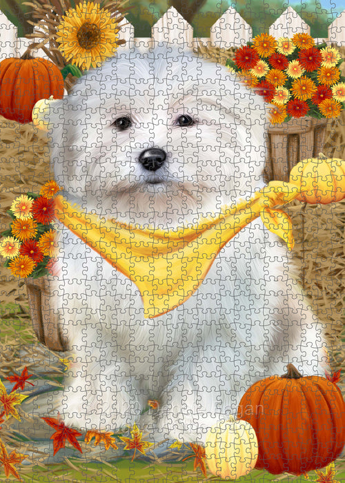 Fall Pumpkin Autumn Greeting Coton De Tulear Dog Portrait Jigsaw Puzzle for Adults Animal Interlocking Puzzle Game Unique Gift for Dog Lover's with Metal Tin Box PZL744