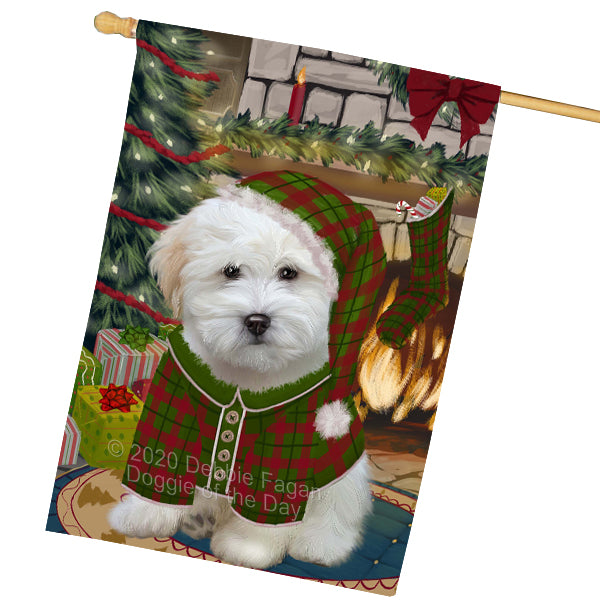 The Christmas Stocking was Hung Coton De Tulear Dog House Flag Outdoor Decorative Double Sided Pet Portrait Weather Resistant Premium Quality Animal Printed Home Decorative Flags 100% Polyester FLGA69589