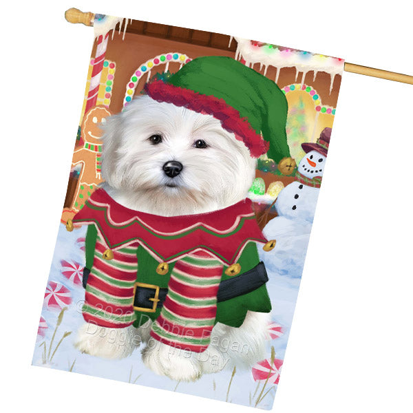 Christmas Gingerbread Elf Coton De Tulear Dog House Flag Outdoor Decorative Double Sided Pet Portrait Weather Resistant Premium Quality Animal Printed Home Decorative Flags 100% Polyester