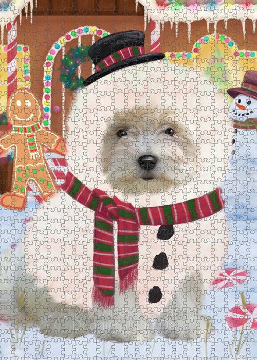 Christmas Gingerbread Snowman Coton De Tulear Dog Portrait Jigsaw Puzzle for Adults Animal Interlocking Puzzle Game Unique Gift for Dog Lover's with Metal Tin Box