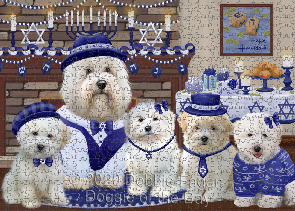 Happy Hanukkah Family Coton De Tulear Dogs Portrait Jigsaw Puzzle for Adults Animal Interlocking Puzzle Game Unique Gift for Dog Lover's with Metal Tin Box