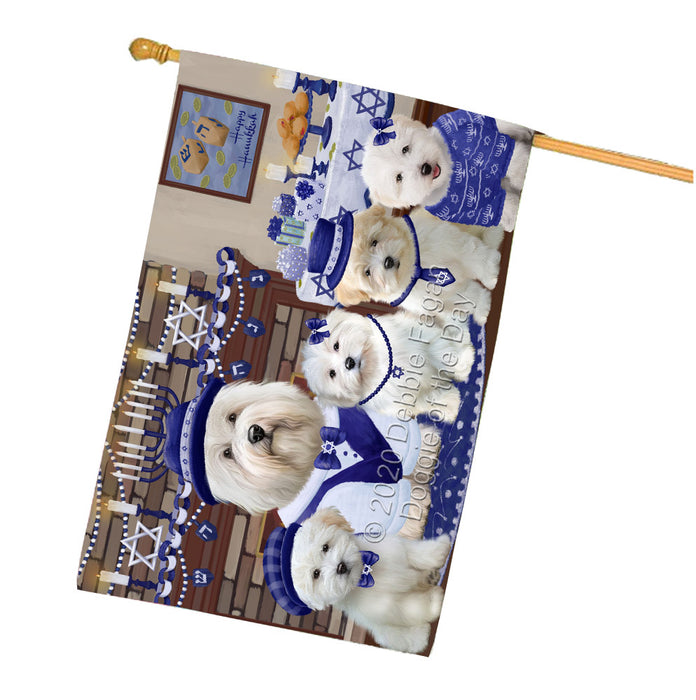 Happy Hanukkah Family Coton De Tulear Dogs House Flag Outdoor Decorative Double Sided Pet Portrait Weather Resistant Premium Quality Animal Printed Home Decorative Flags 100% Polyester