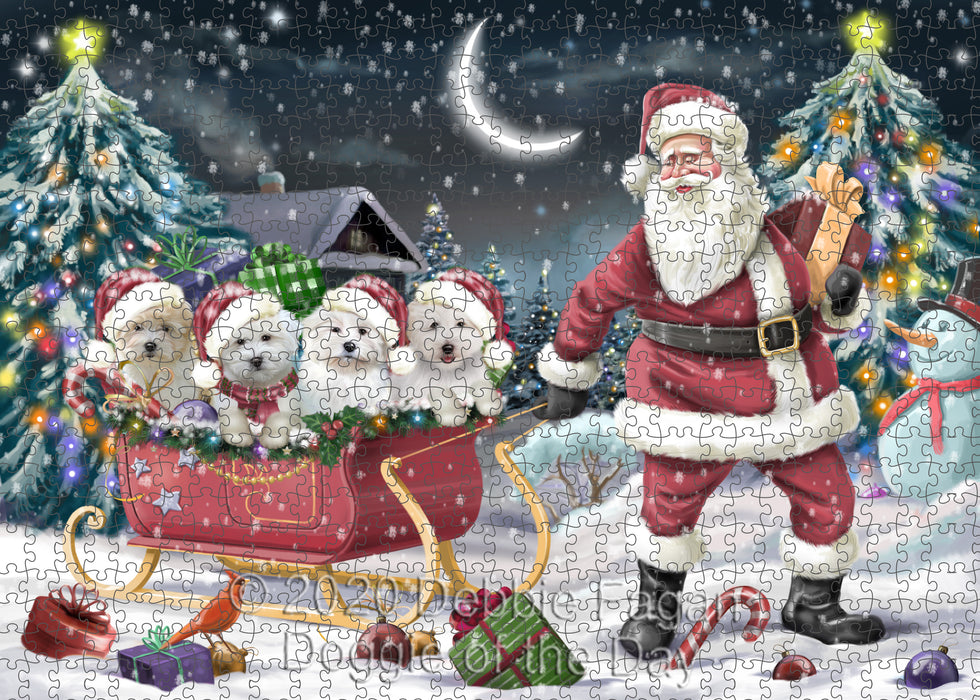 Christmas Santa Sled Coton de tulear Dogs Portrait Jigsaw Puzzle for Adults Animal Interlocking Puzzle Game Unique Gift for Dog Lover's with Metal Tin Box