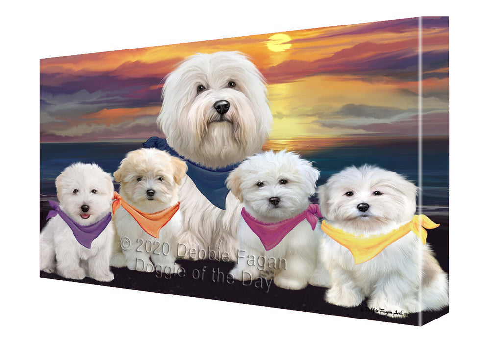 Family Sunset Portrait Coton De Tulear Dogs Canvas Wall Art - Premium Quality Ready to Hang Room Decor Wall Art Canvas - Unique Animal Printed Digital Painting for Decoration