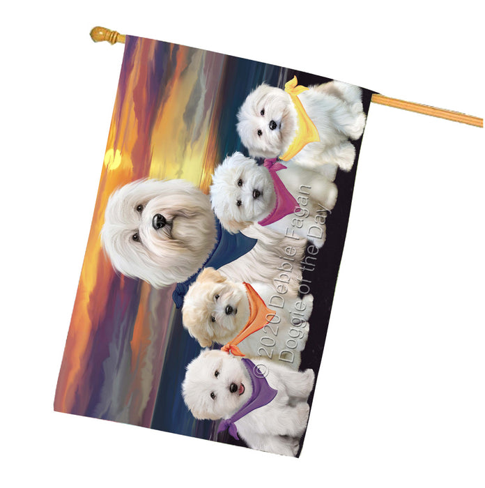Family Sunset Portrait Coton De Tulear Dogs House Flag Outdoor Decorative Double Sided Pet Portrait Weather Resistant Premium Quality Animal Printed Home Decorative Flags 100% Polyester