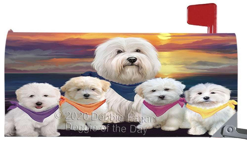 Family Sunset Portrait Coton De Tulear Dogs Magnetic Mailbox Cover Both Sides Pet Theme Printed Decorative Letter Box Wrap Case Postbox Thick Magnetic Vinyl Material