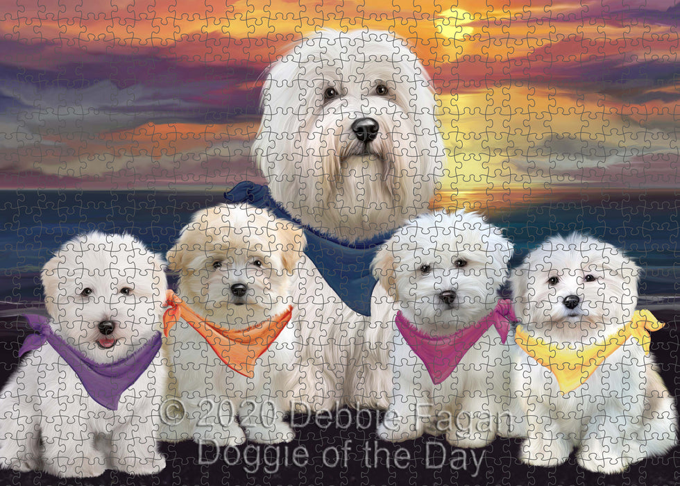Family Sunset Portrait Coton De Tulear Dogs Portrait Jigsaw Puzzle for Adults Animal Interlocking Puzzle Game Unique Gift for Dog Lover's with Metal Tin Box